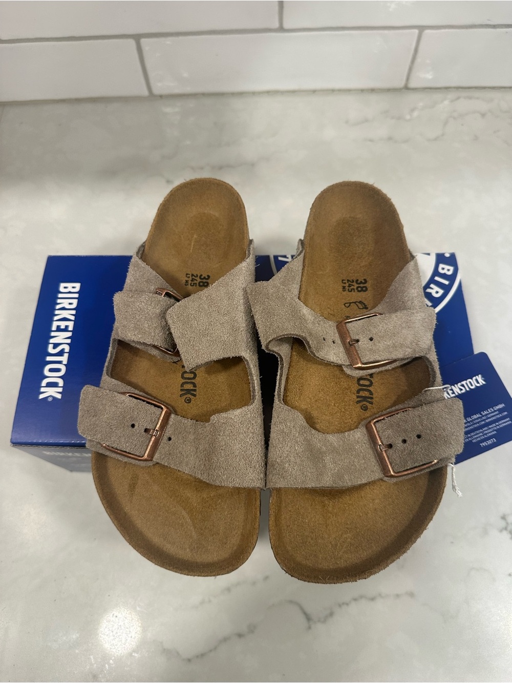 Birkenstock Taupe Suede Two-Strap Sandals with Bronze Buckles